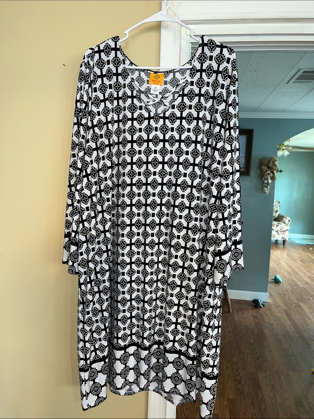 Ruby Rd. Black & White Geometric Long Sleeve Dress
